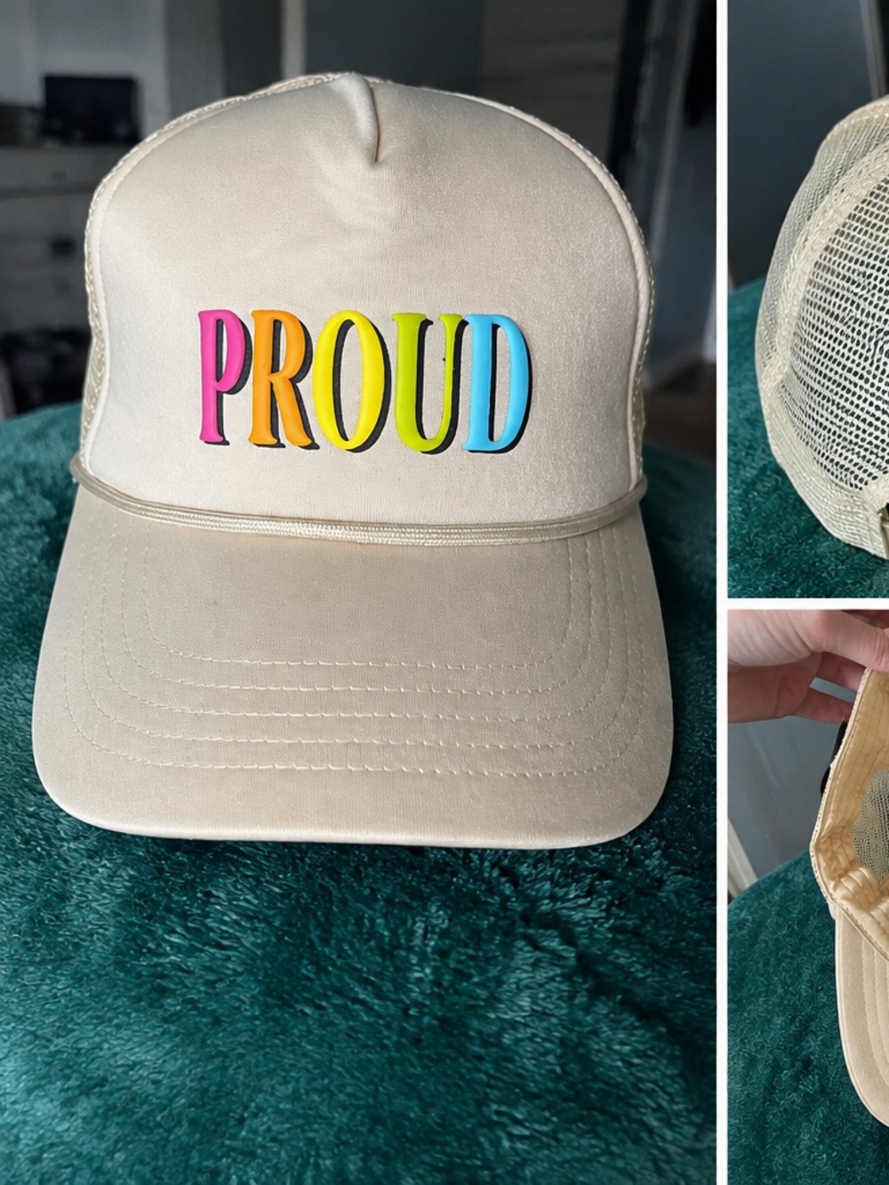 PRIDE Beige Trucker Hat with Rainbow 'PROUD’ Accent
